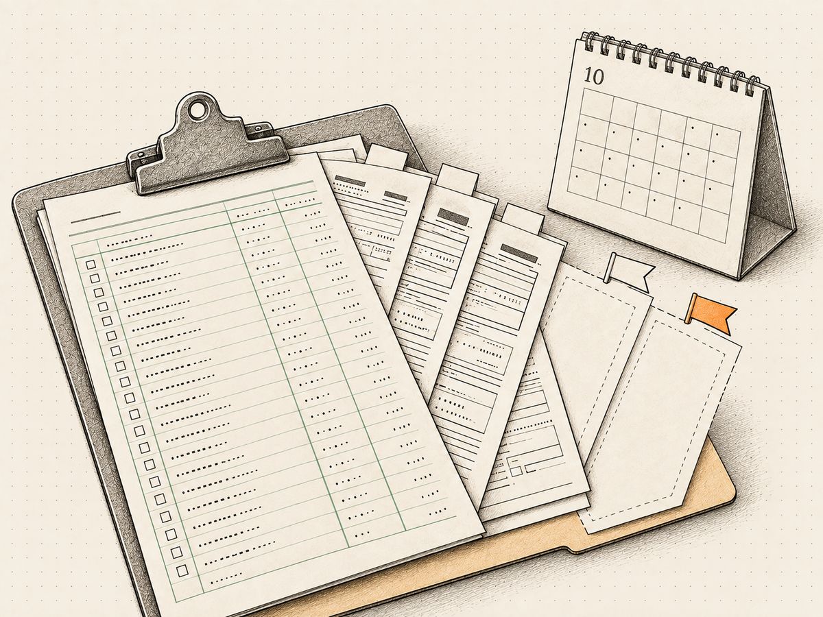 A vendor list on a clipboard with W-9 forms clipped to it, two slots empty and flagged, beside a desk calendar open to October.