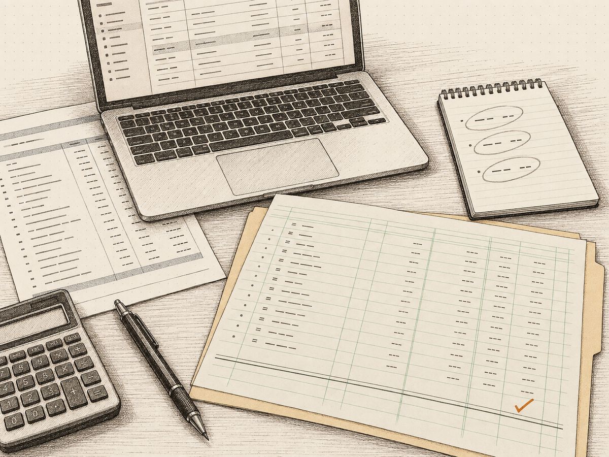 A bank statement under a laptop showing a ledger, a notepad with three unplaced transactions circled in pencil, and a sheet of green ledger paper with a tick at its reconciliation line.