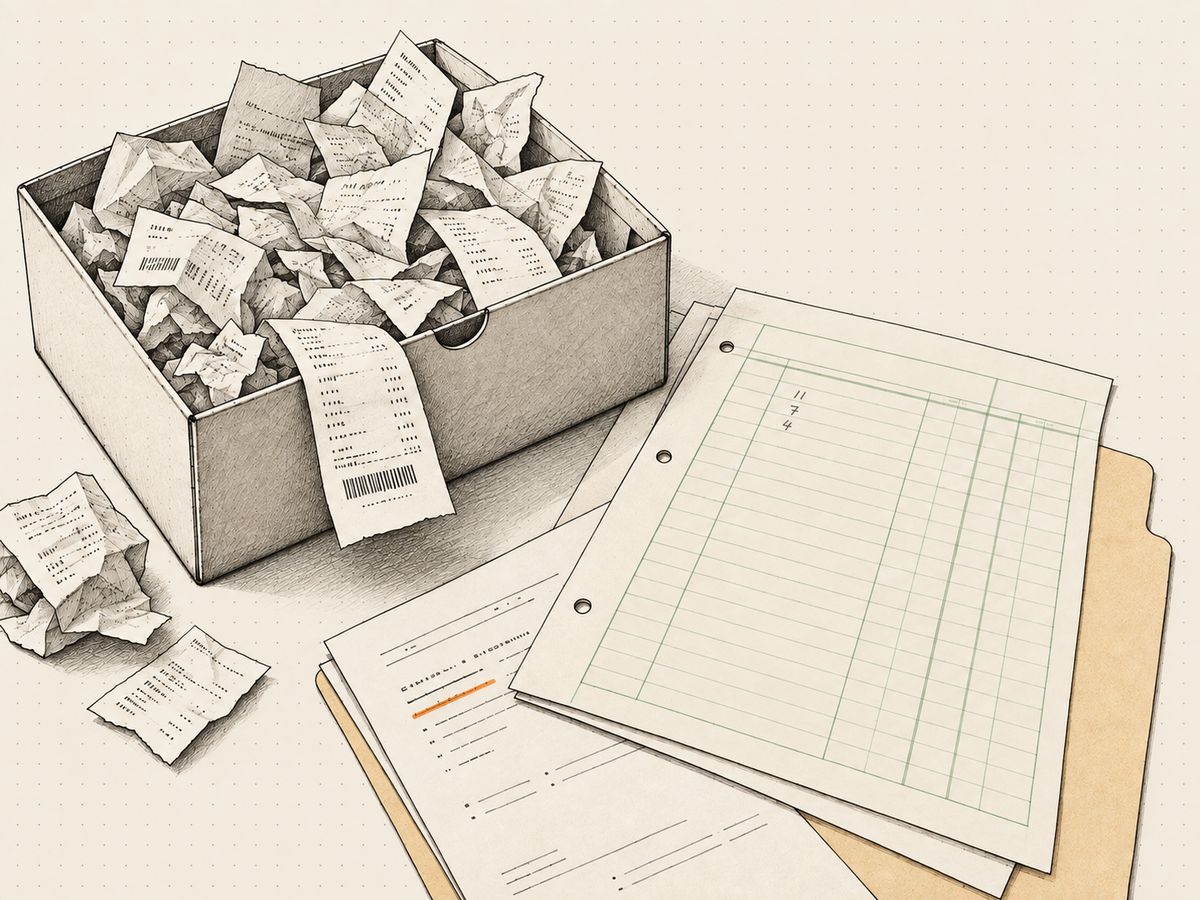 A shoebox overflowing with receipts beside a sheet of green ledger paper with three counts in pencil, and the corner of an engagement letter with its scope line underlined.