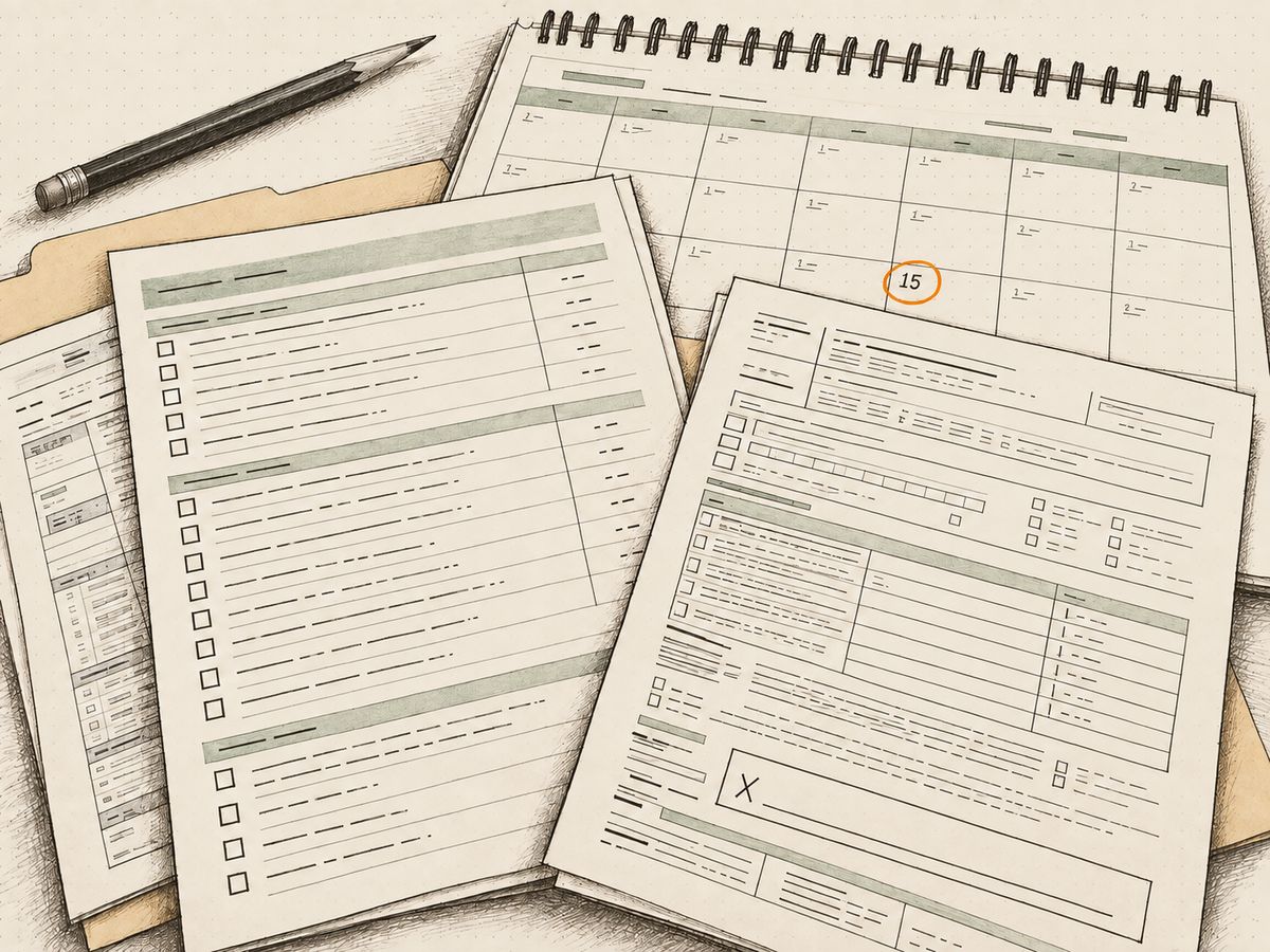 An organizer page with rows of checkboxes and a Form 8879 with its signature line, laid over a desk calendar open to March with the 15th circled, the corner of a K-1 under them.