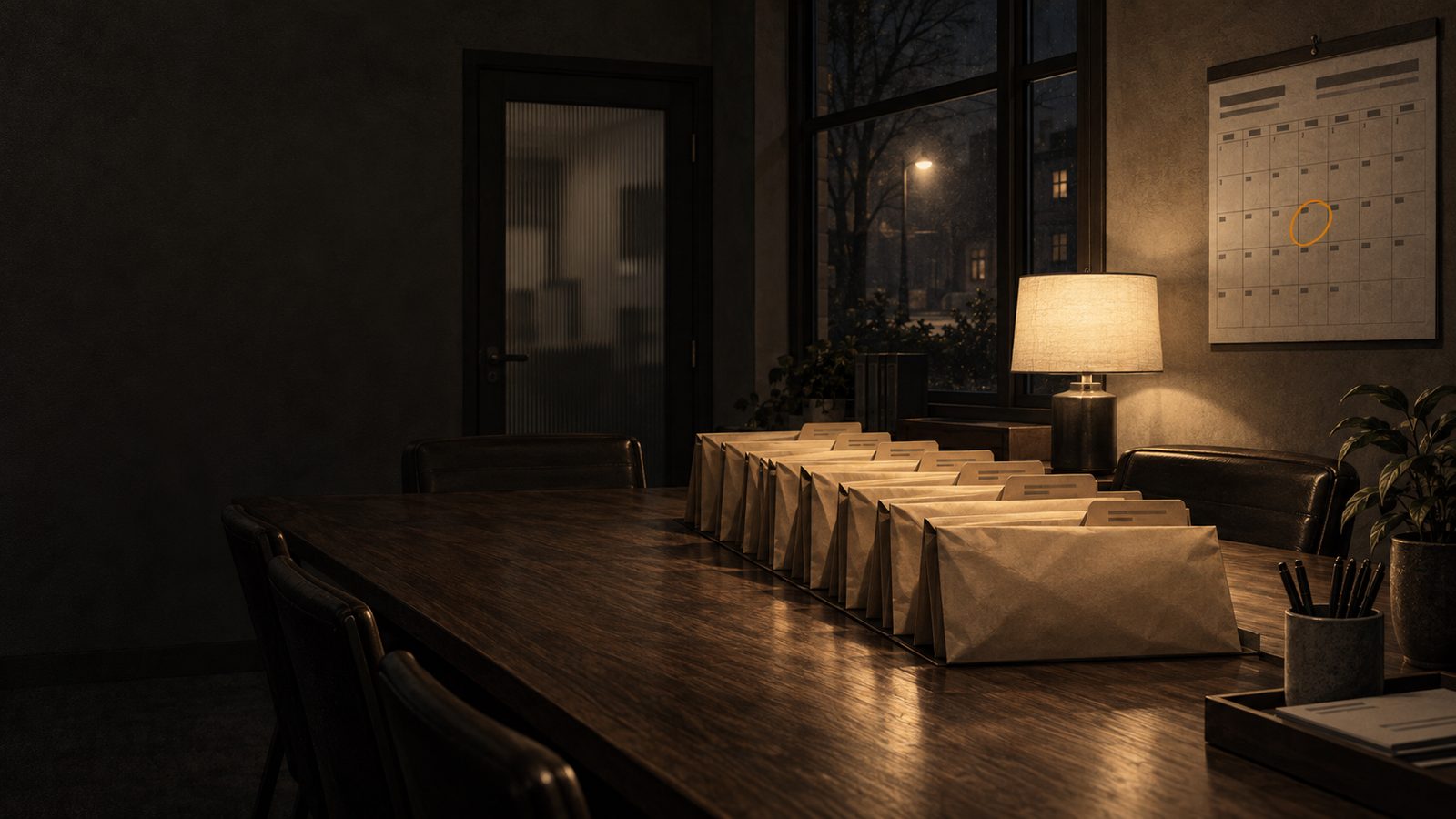 The firm's conference room on the evening of April 15: a row of signed returns in envelopes on the long table, ready for pickup, a lamp lit, the wall calendar on April with the 15th circled, and the street dark through the window.