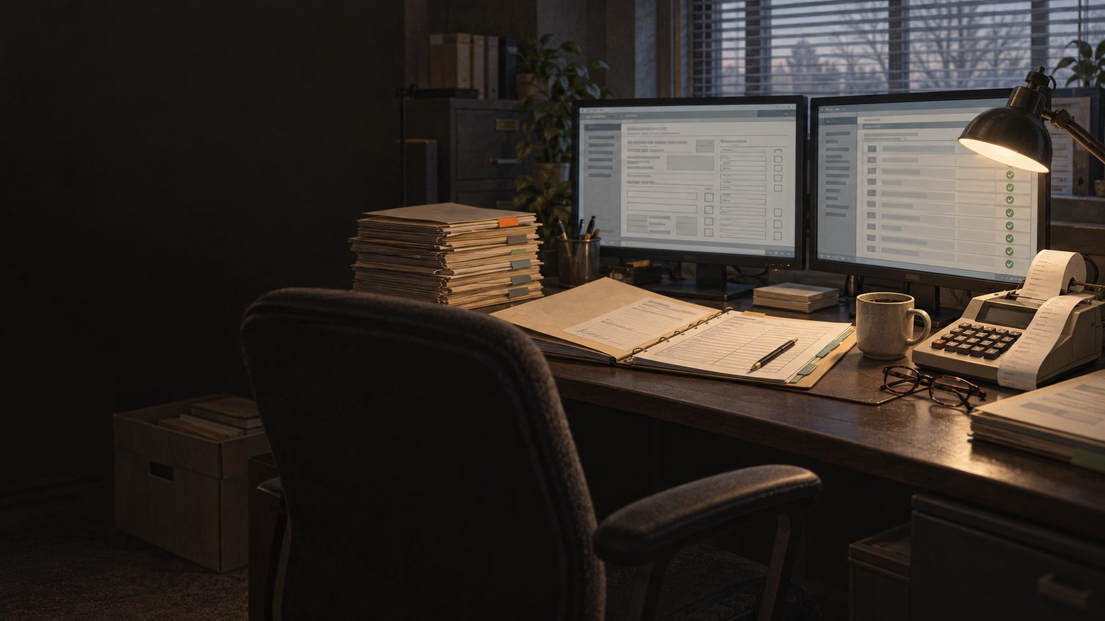 A preparer's desk on a March morning: two monitors, one with a tax program's input screen and one with a client portal's column of green checks, a stack of manila client folders with coloured due-date tabs, an organizer open and half filled in pencil, an adding machine with its tape curling, and a bankers box on the floor.
