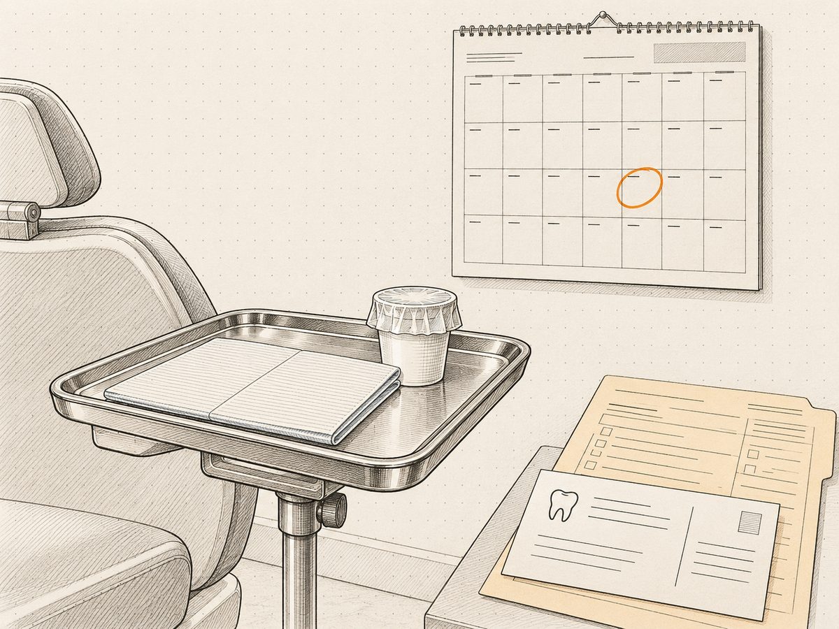 A hygiene tray on its stand and a wall calendar, with a recall card on a manila form laid over the corner and one date circled.