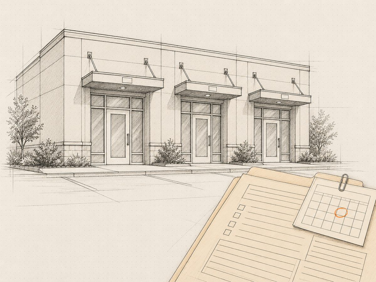 Three identical practice front doors in a row, with a credentialing folder and a renewal calendar card laid over the corner.