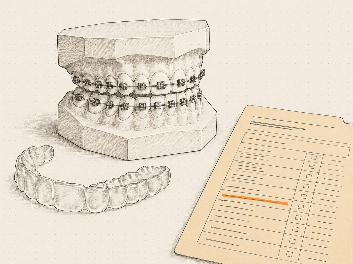 A plaster study model with brackets and a clear aligner tray, with a payment contract of monthly rows laid over the corner.