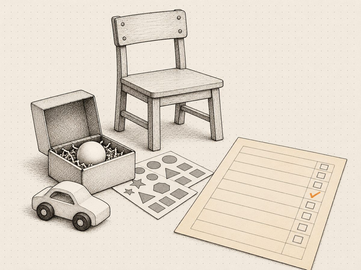 A small prize box of toys beside a child-sized chair, with a state eligibility printout laid over the corner and one box ticked.