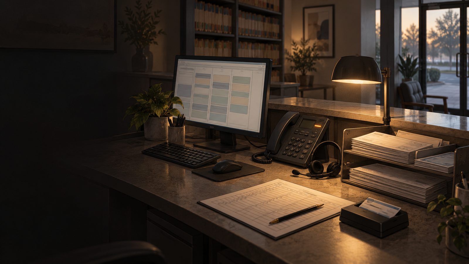 A dental practice's front desk before the doors open: a monitor glowing with the day's schedule in columns, a desk phone with one line lit and a headset beside it, a tray of folded insurance statements and checks, a printed schedule with pencil ticks, an insurance card on a small scanner, and a wall of manila chart folders behind, under one warm desk lamp.