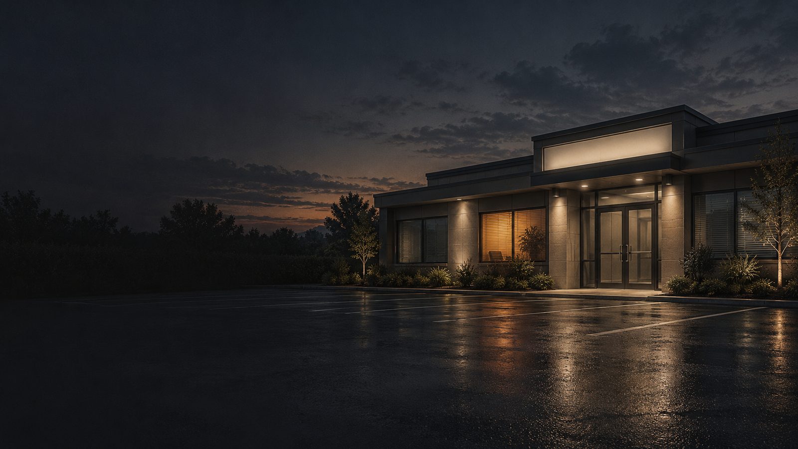 A single-storey dental practice seen from its car park at dusk: the sign lit with no name on it, blinds half drawn, one window glowing warm, the empty car park wet under the last light.