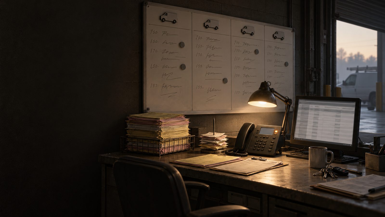 A shop's dispatch desk before anyone arrives: the board with a column for each van, a desk phone with one line lit, a wire tray stacked with pink and yellow carbon tickets, a monitor glowing with a ledger, and dawn at the bay door.