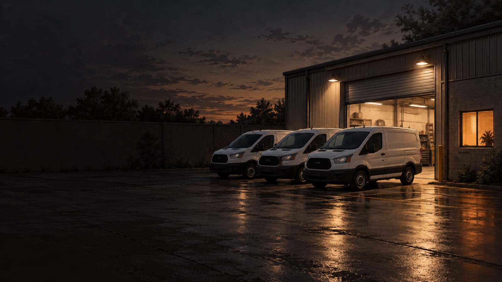 The shop's yard at dusk after the day's work: three vans parked side by side, the bay door half open with lamp light spilling onto wet concrete, one office window lit.