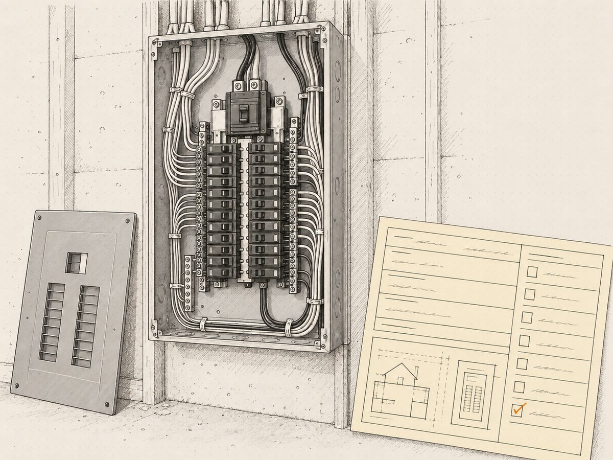 An open electrical panel with its cover off, and a permit card with inspection sign-offs laid over the corner.