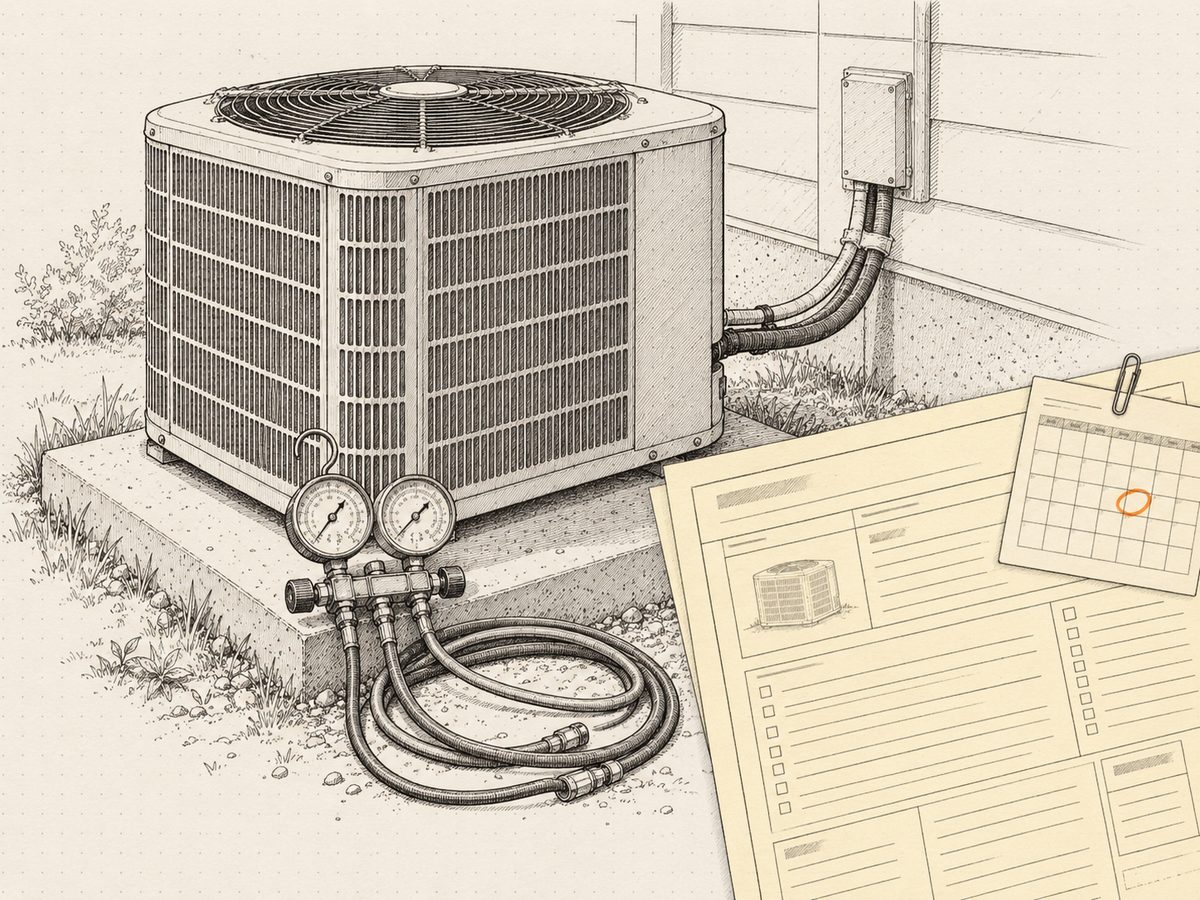 An AC condenser beside a house with gauges on the ground, a maintenance agreement and a season calendar laid over the corner.