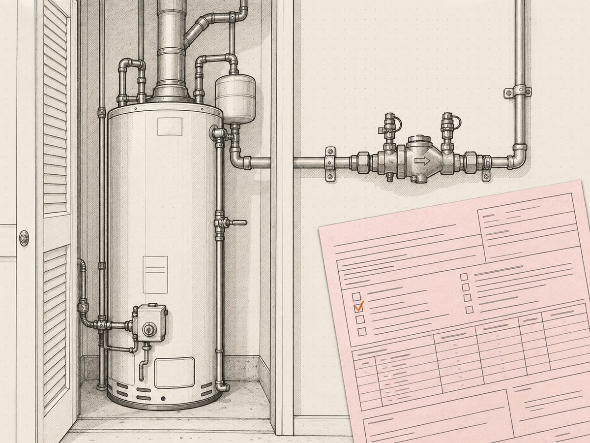 A water heater closet with a backflow assembly on the line, and a backflow test report laid over the corner.