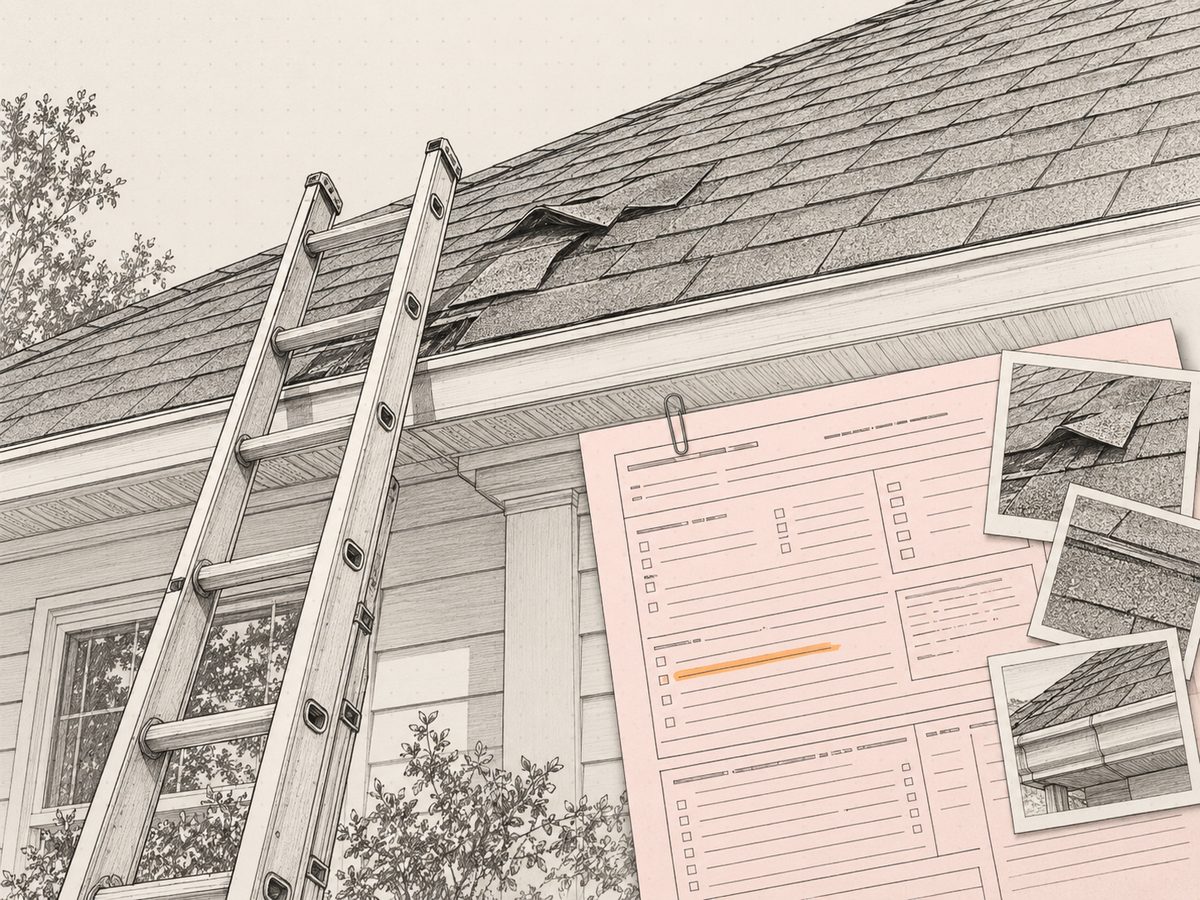 A shingle roof with a ladder against the eave, and an insurance claim packet with three photos laid over the corner.