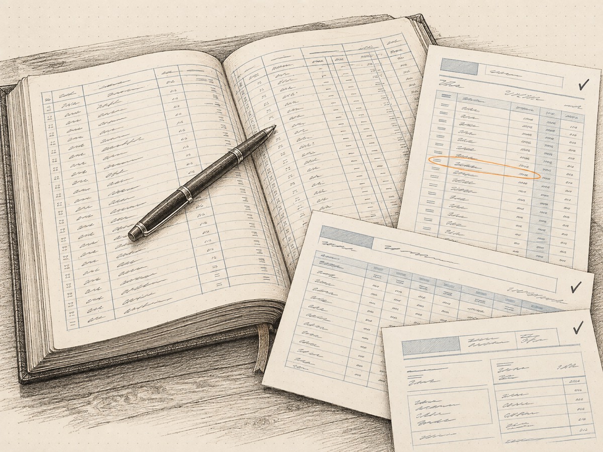 An open ledger with a pen across it, and three carrier commission statements in three different layouts beside it, each with a check mark and one line circled.