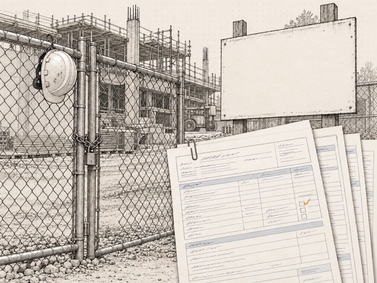 A construction site gate with a hard hat hung on the chain-link and a blank site board, with a certificate of insurance and its endorsement pages fanned behind it laid over the corner.