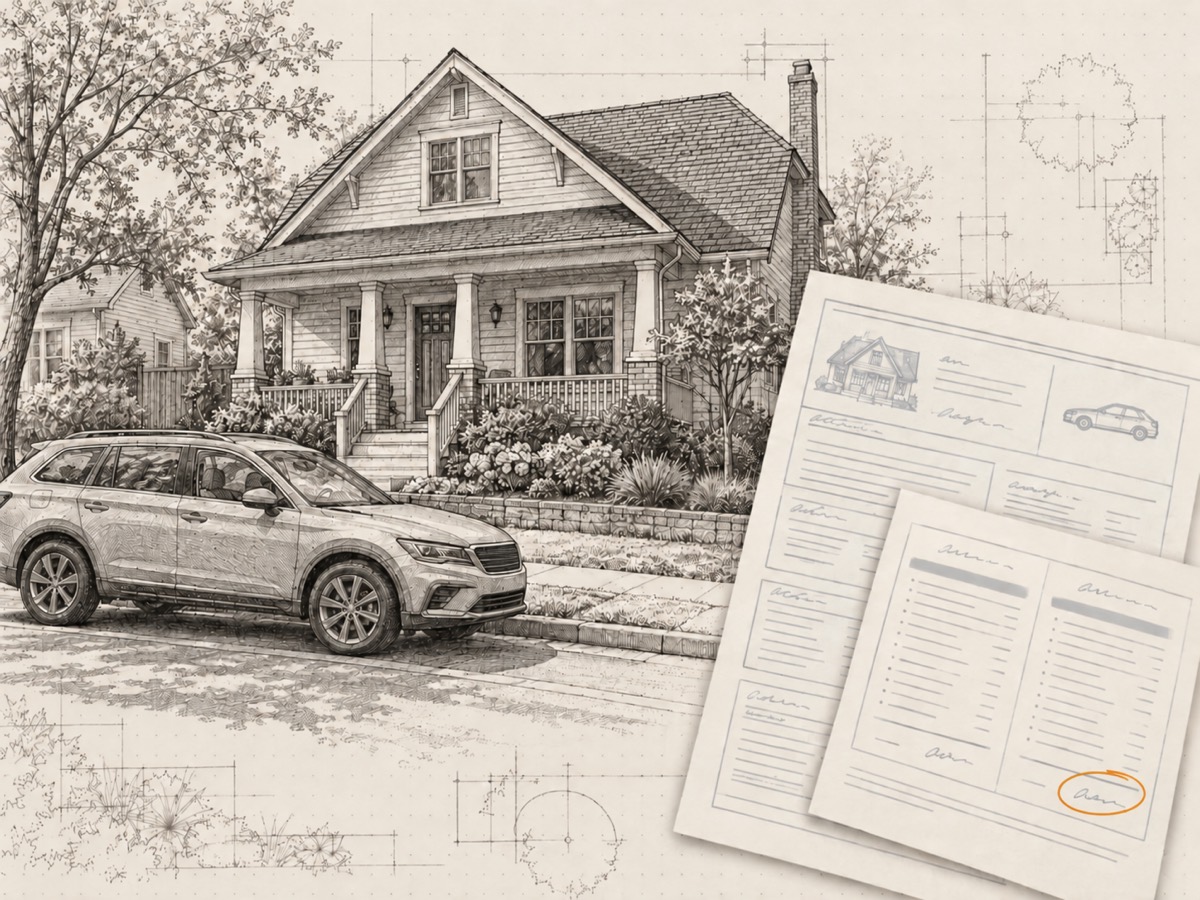 A house with a porch and a car at the kerb, with a renewal declarations page and a two-column premium comparison laid over the corner.