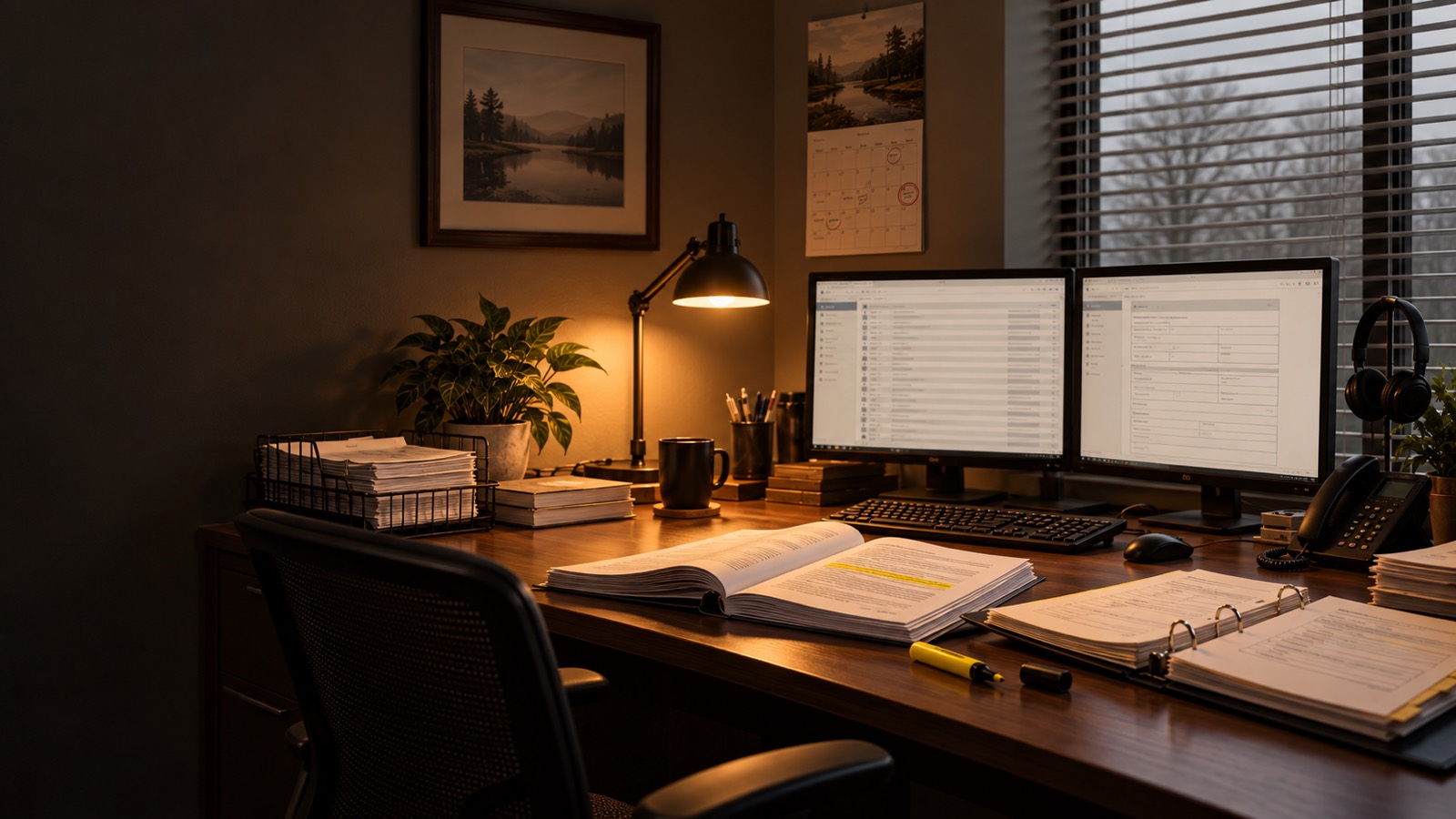 An agency's certificate desk on a Monday morning: two monitors, one with a crowded inbox and one with a certificate form half filled, a thick contract open with a yellow highlighter across a page, a policy binder open to its declarations, a wall calendar with dates circled, the desk lamp on and grey light through the blinds.