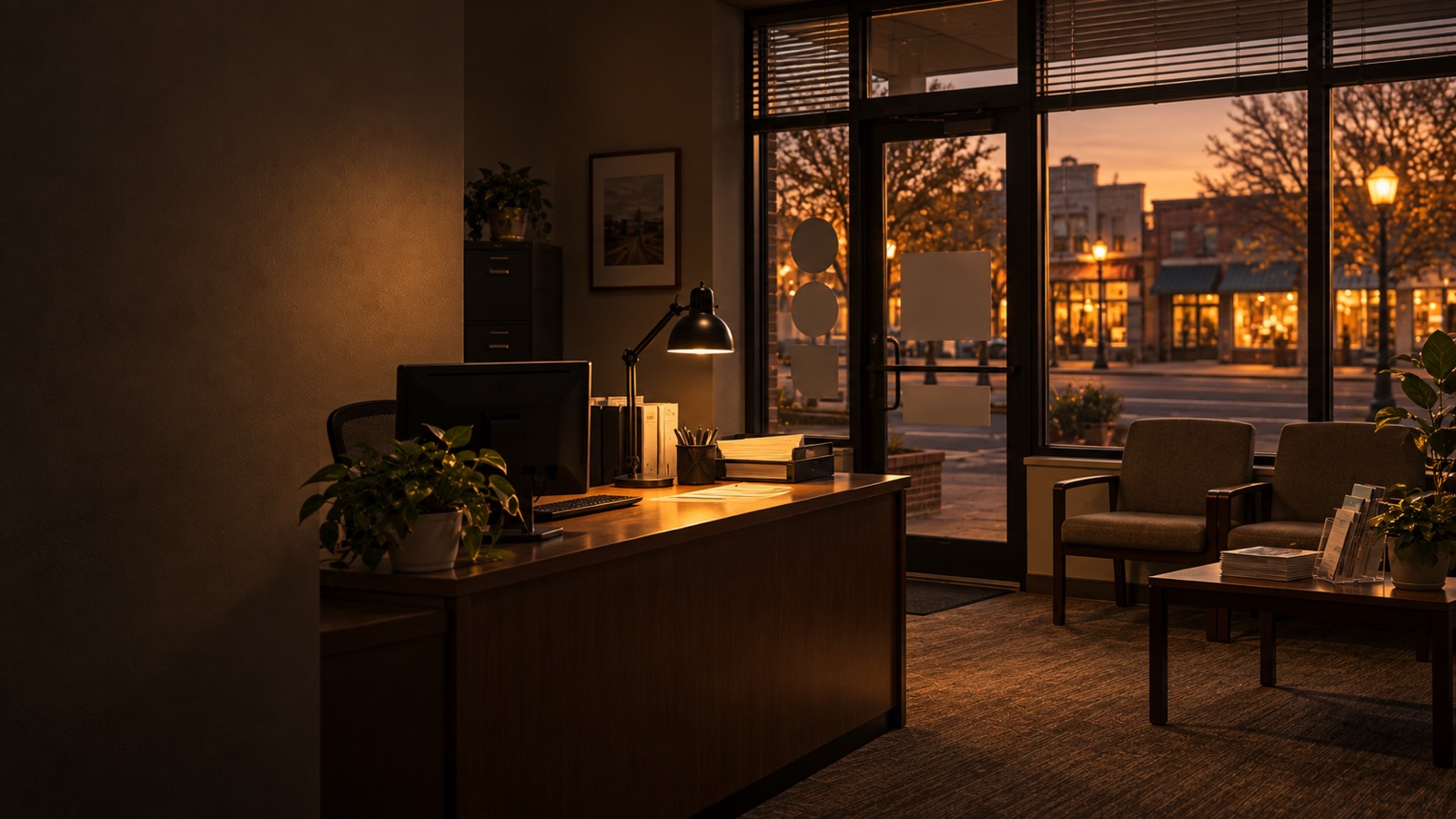 An independent agency's front office at closing, seen from inside: the main street warm through the storefront glass, two waiting chairs and a low table, the front desk cleared with one lamp still on and the monitor dark.
