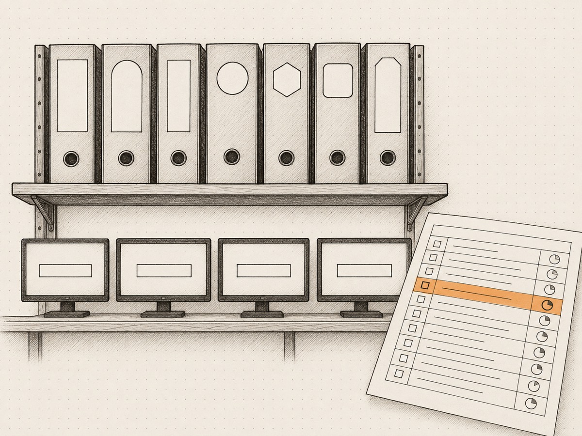 A shelf of client binders, each with a different tab, above a row of small monitors on sign-in screens, with one work-queue sheet laid over the corner, one row marked.