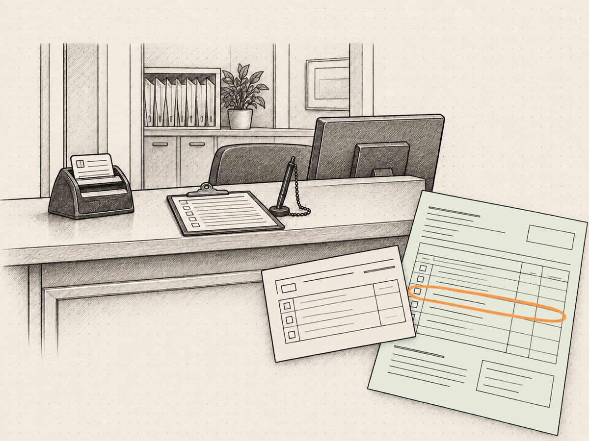 A medical reception counter with a card scanner and a sign-in clipboard, with an eligibility response slip and a pale green patient statement laid over the corner, one line circled.