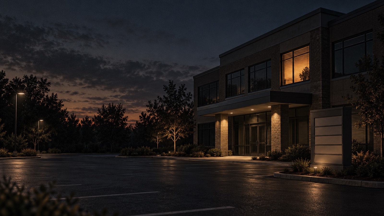 A small two-storey medical office building seen from its nearly empty car park at dusk, a blank directory sign by the entrance and one upstairs window lit warm.