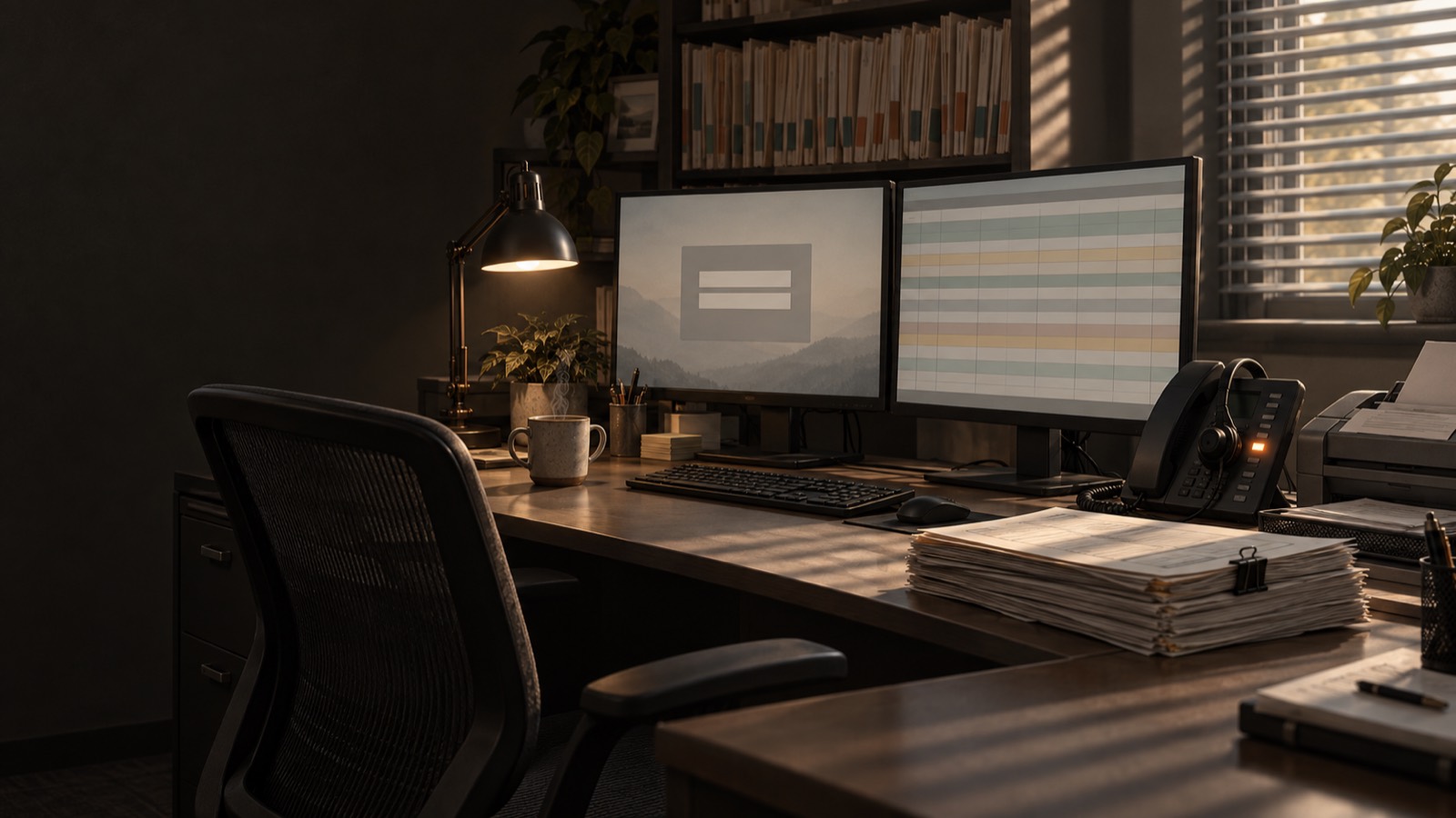 A biller's desk at the start of the week: one monitor on a sign-in screen, one on a spreadsheet with colour-coded rows, a clipped stack of superbills beside the keyboard, a headset on the desk phone with one line lit, a fax machine, and grey morning light through half-open blinds.