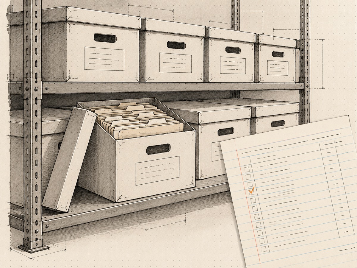 Steel shelving of record boxes, one open on tabbed folders, and an index sheet with one row ticked laid over the corner.