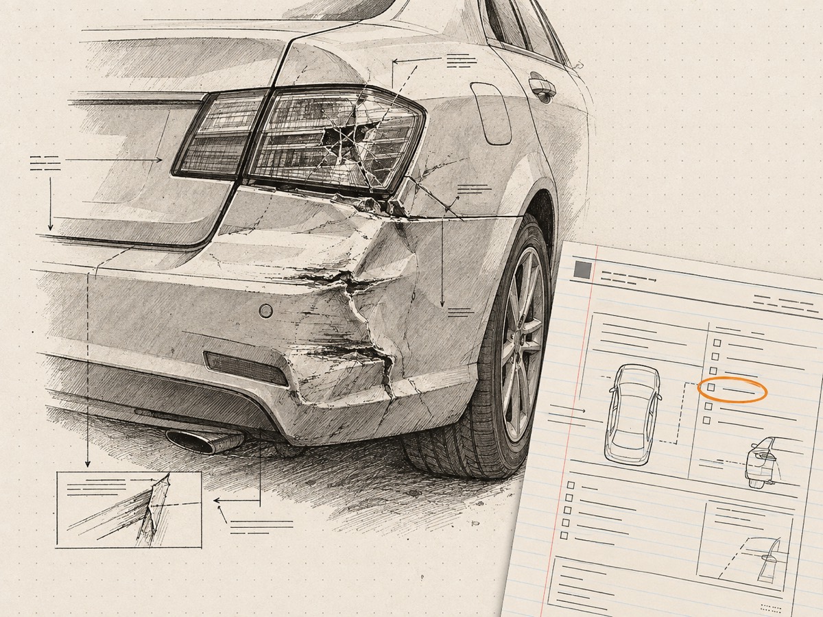 The rear corner of a car with a crumpled bumper and a cracked tail light, and a crash report with one field circled laid over the corner.