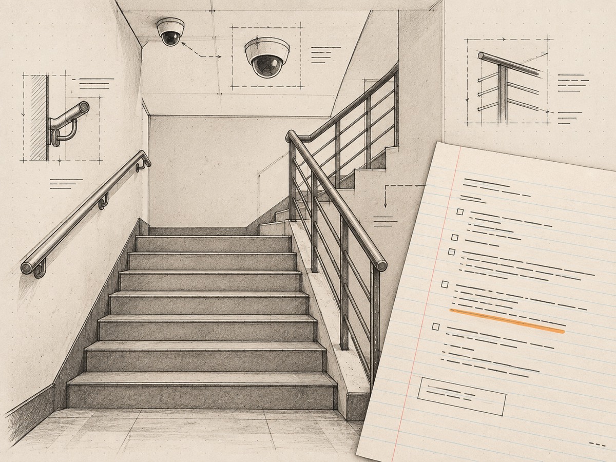 A stairwell with a handrail and a camera dome on the ceiling, and a preservation letter with one line underlined laid over the corner.