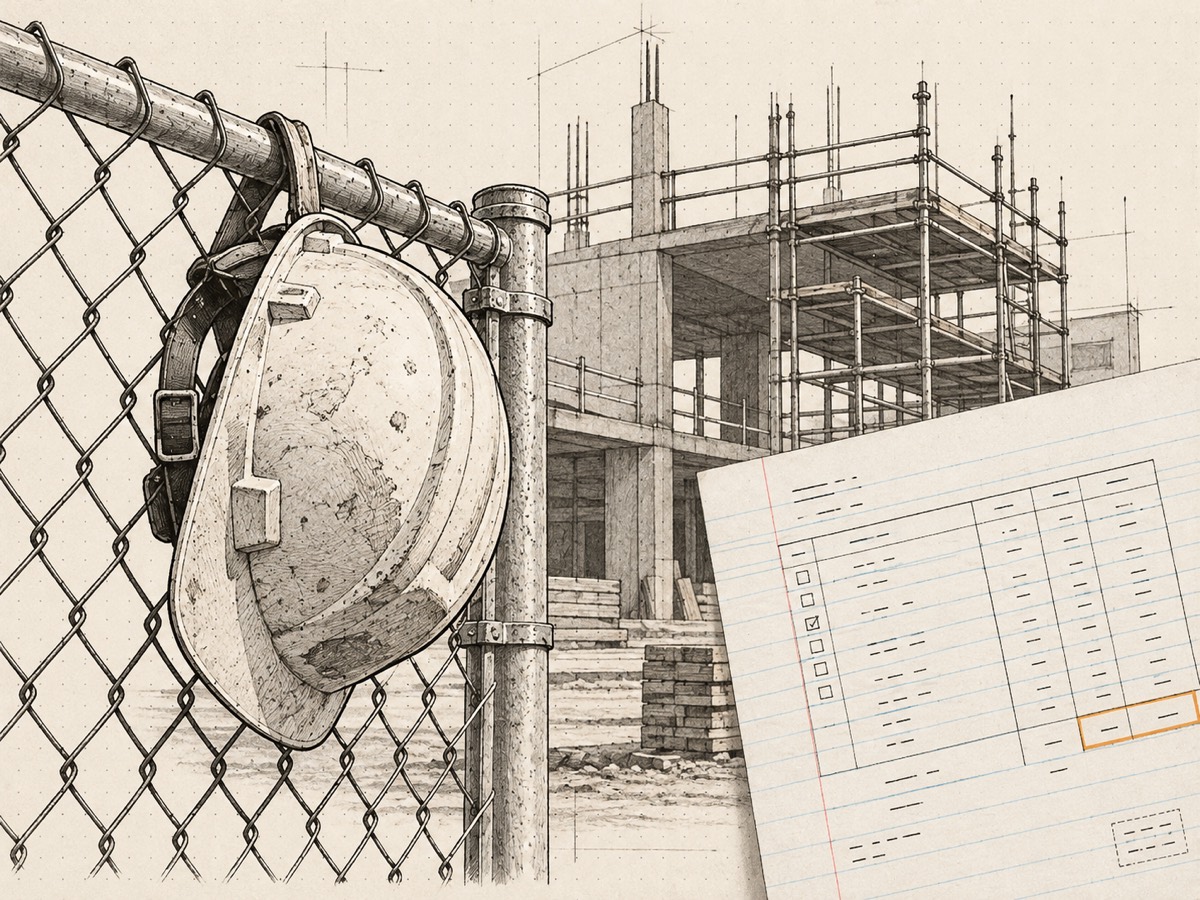 A hard hat hung on a chain-link site fence with scaffolding behind, and a lien ledger sheet with one total outlined laid over the corner.