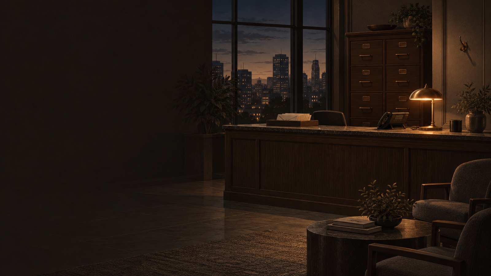 A law firm's reception at closing time: the counter cleared, a tray of sealed envelopes ready to go out, the file cabinet shut, one desk lamp lit, and the city at dusk through a tall window.