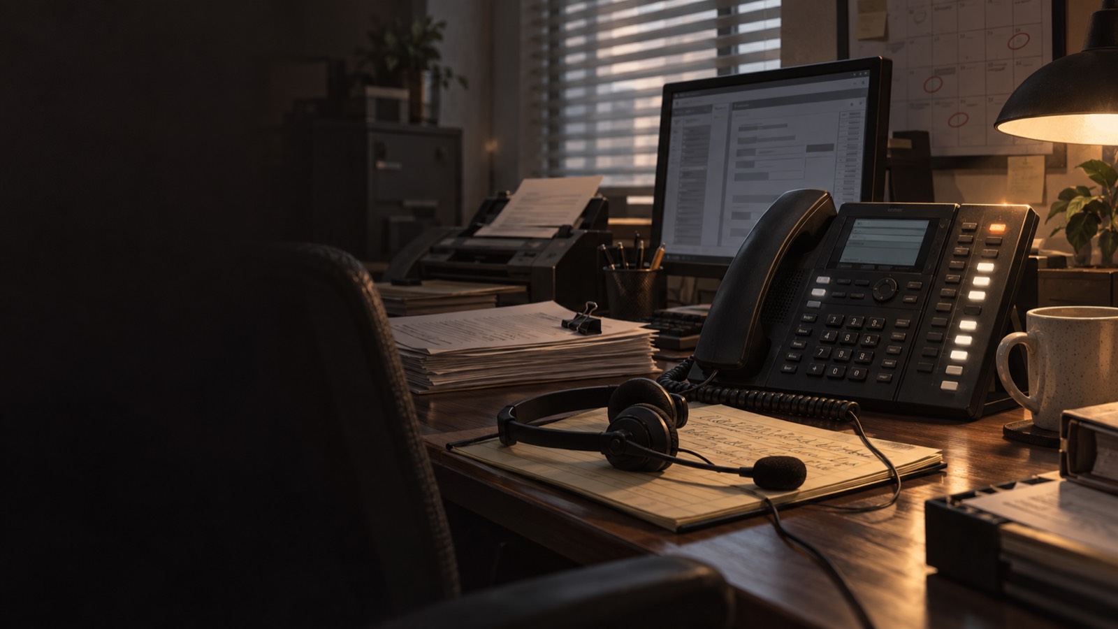 A law firm's intake desk mid-morning: a multi-line phone with its lines lit and the message light on, a headset put down on a legal pad, a fax machine with a page half out, a stack of signed forms under a clip, and a docket calendar on the wall.