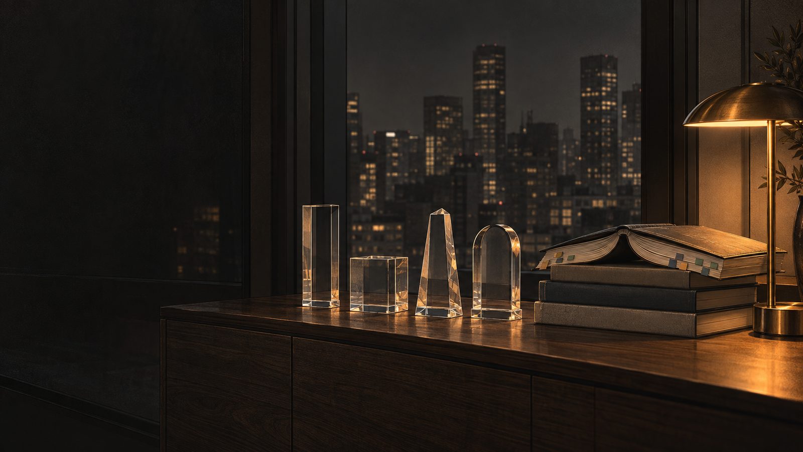 A partner's credenza late at night against a dark window over the city: a row of four clear acrylic deal trophies, each a different shape, a stack of tabbed board books with the top one open, and one brass desk lamp.
