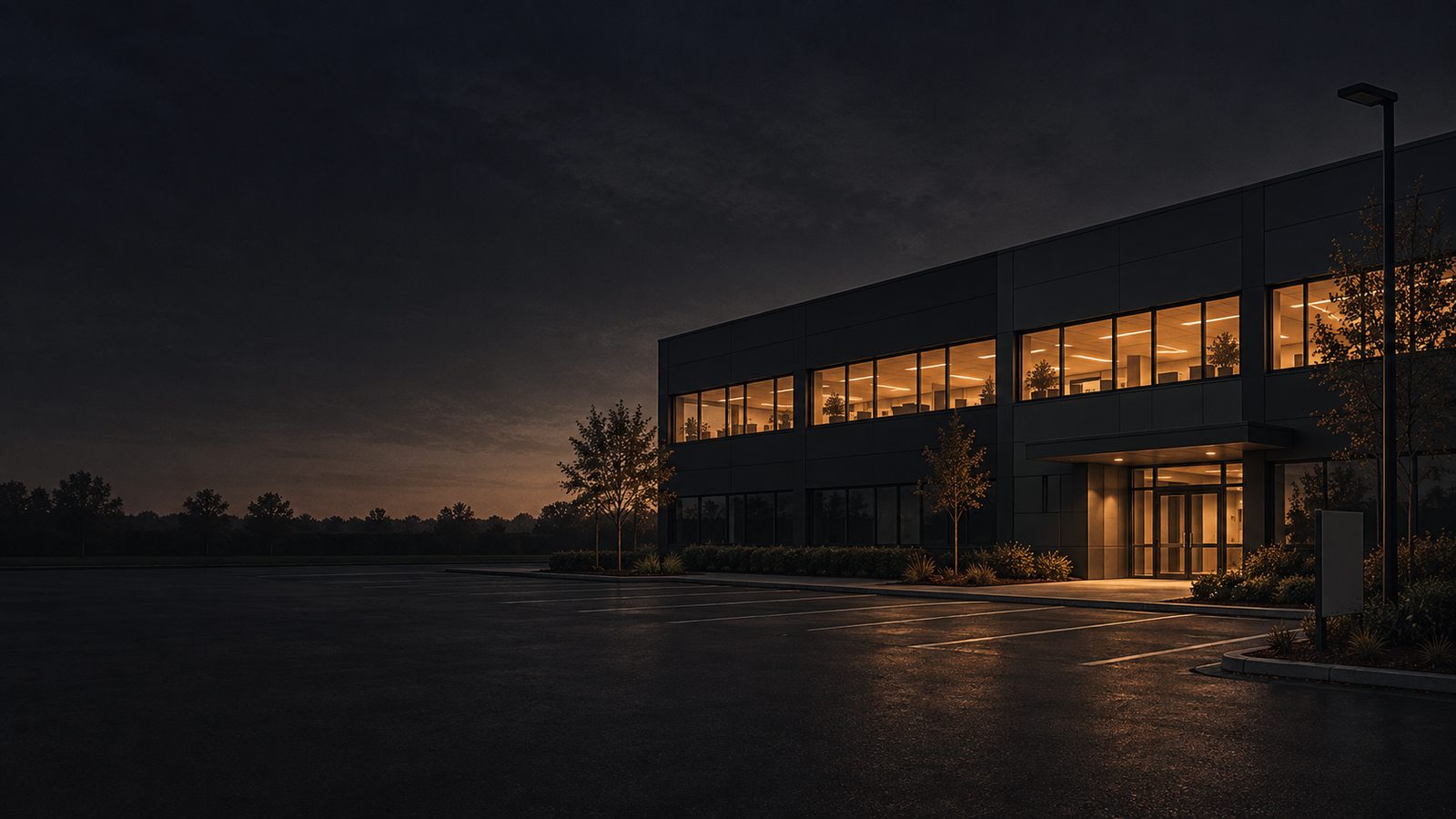 A low two-storey company building in a business park at first light, one floor of windows lit warm, the entrance lit, and the car park still dark and empty.