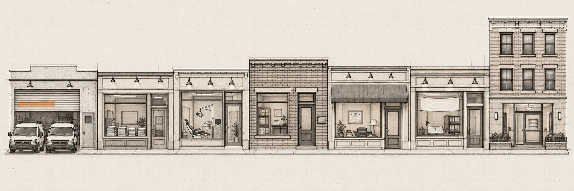 One street drawn in elevation, seven businesses side by side: a service shop with two vans at a roll-up door, a billing office with claim forms stacked in the window, a dental office with a chair behind the glass, a law office with file boxes and a brass plate, an insurance agency with a framed certificate, an accounting office with a ledger and a blank banner, and an apartment building with a key board in the lobby.