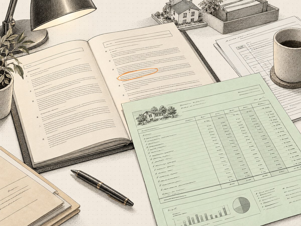 An owner's desk drawn in ink: a management agreement open with one clause circled, a monthly statement on pale green ledger paper beside it, a reading lamp and a pen.