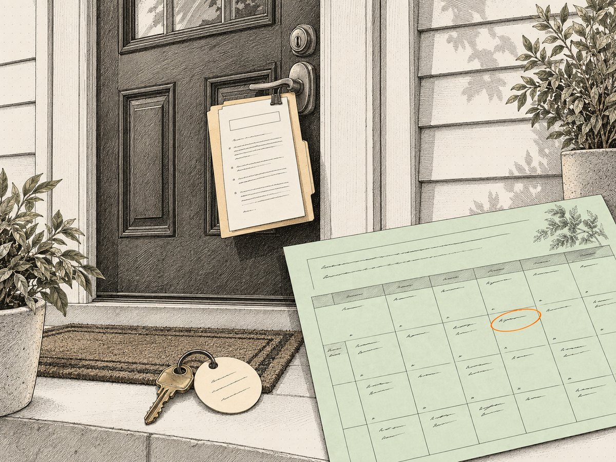 A rental's front door drawn in ink: a lease in a manila folder clipped at the handle, a house key on a round tag on the mat, and a calendar laid over the corner with one date ringed.