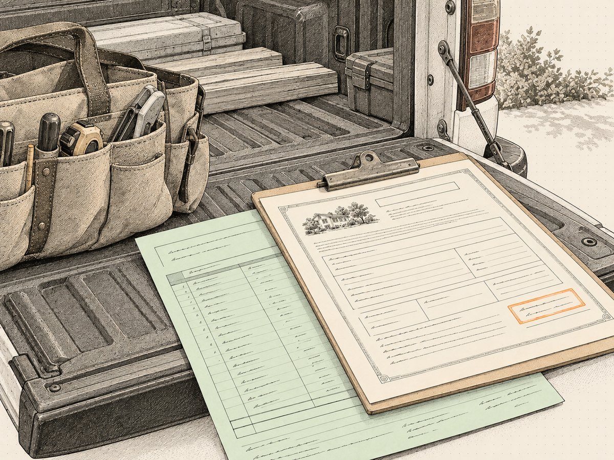 A work truck's open tailgate drawn in ink: a canvas tool bag, a clipboard with an insurance certificate and its stamped expiry box, and a vendor's bill on pale green ledger paper under it.