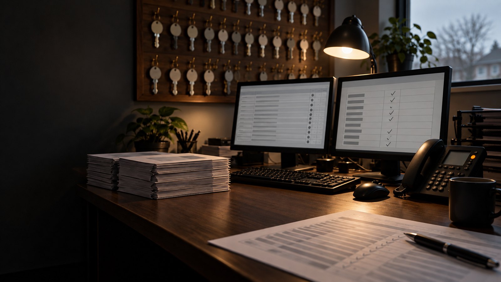 A property management office in the morning: two monitors on, one a list of open work orders, one a bank reconciliation half ticked; a tall stack of owner statements in window envelopes, a rent roll with a pen on it, a desk phone with one line lit, and the wall key board behind.