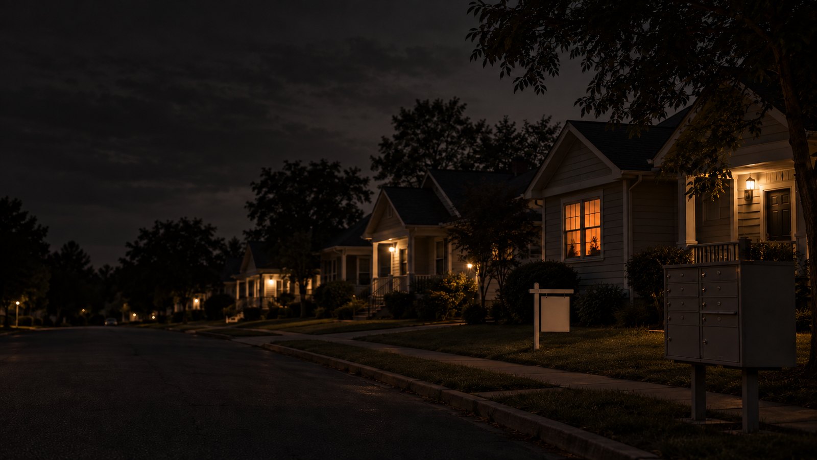 A quiet street of rental houses at dusk, porch lights on along the row, a bank of mailboxes at the corner, a blank for-rent sign in one yard and one window lit warm.